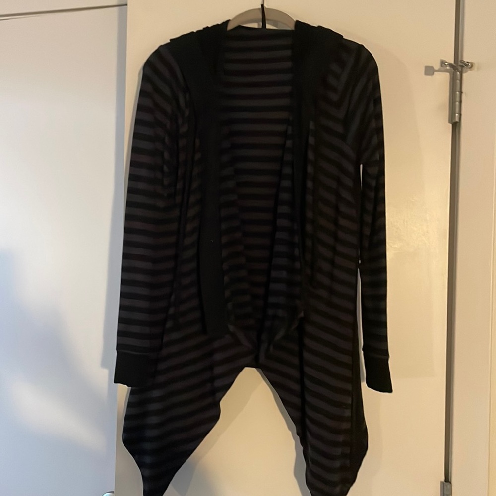 Capote Brand draped hoodie, black and dark gray striped XS